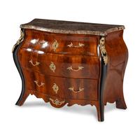 A Louis XV Style Gilt Bronze Mounted Part Ebonized Mahogany Marble-Top Bombé Chest of Drawers