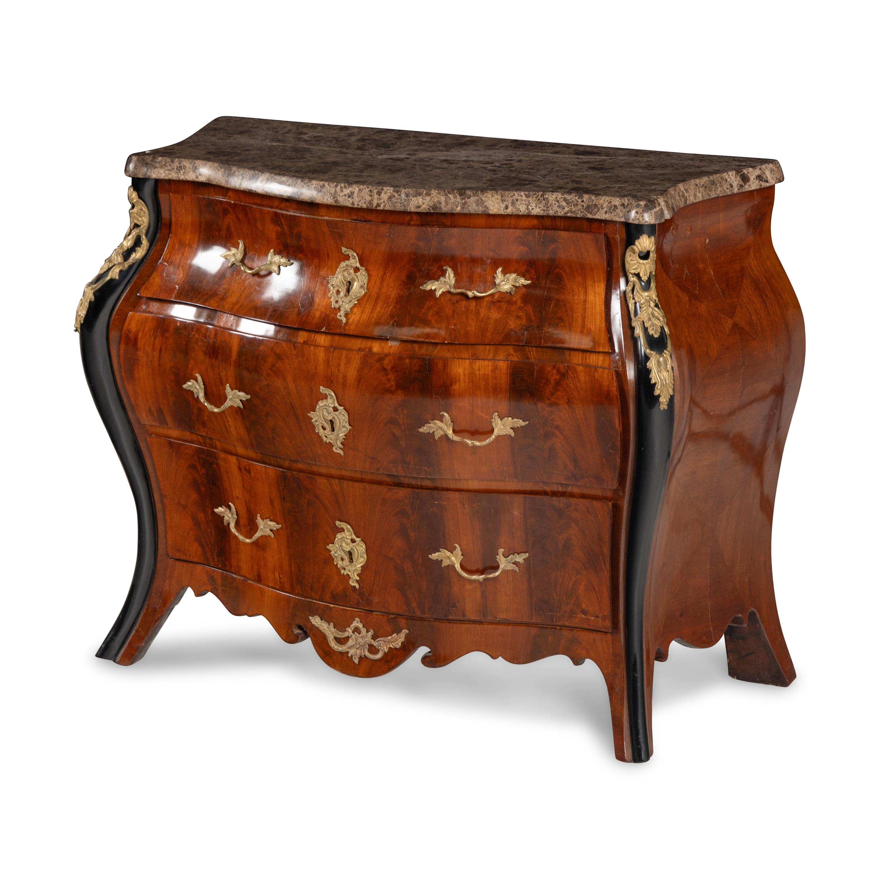A Louis XV Style Gilt Bronze Mounted Part Ebonized Mahogany Marble-Top Bombé Chest of Drawers