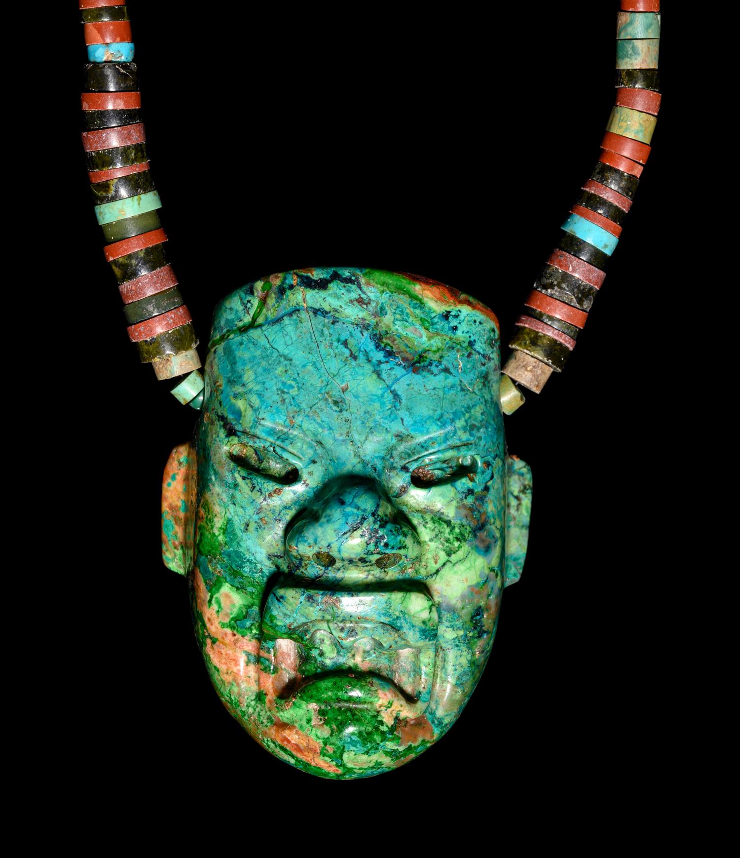 A Modern Greenstone Necklace with Olmec Style Were-Jaguar Mask
