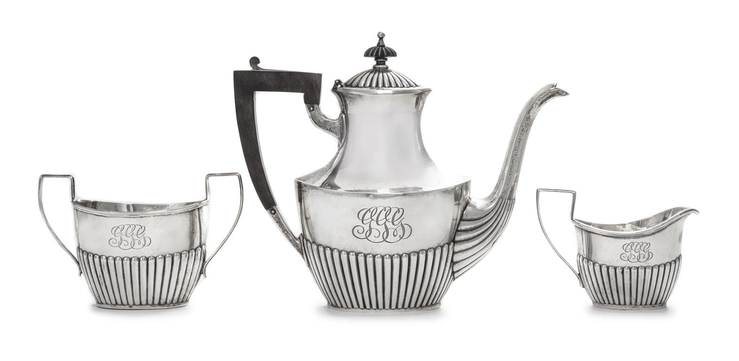 An American Silver Three-Piece Small Coffee Set, Black, Starr & Frost, New York, NY, comprising a coffee pot with an ebony handle and f