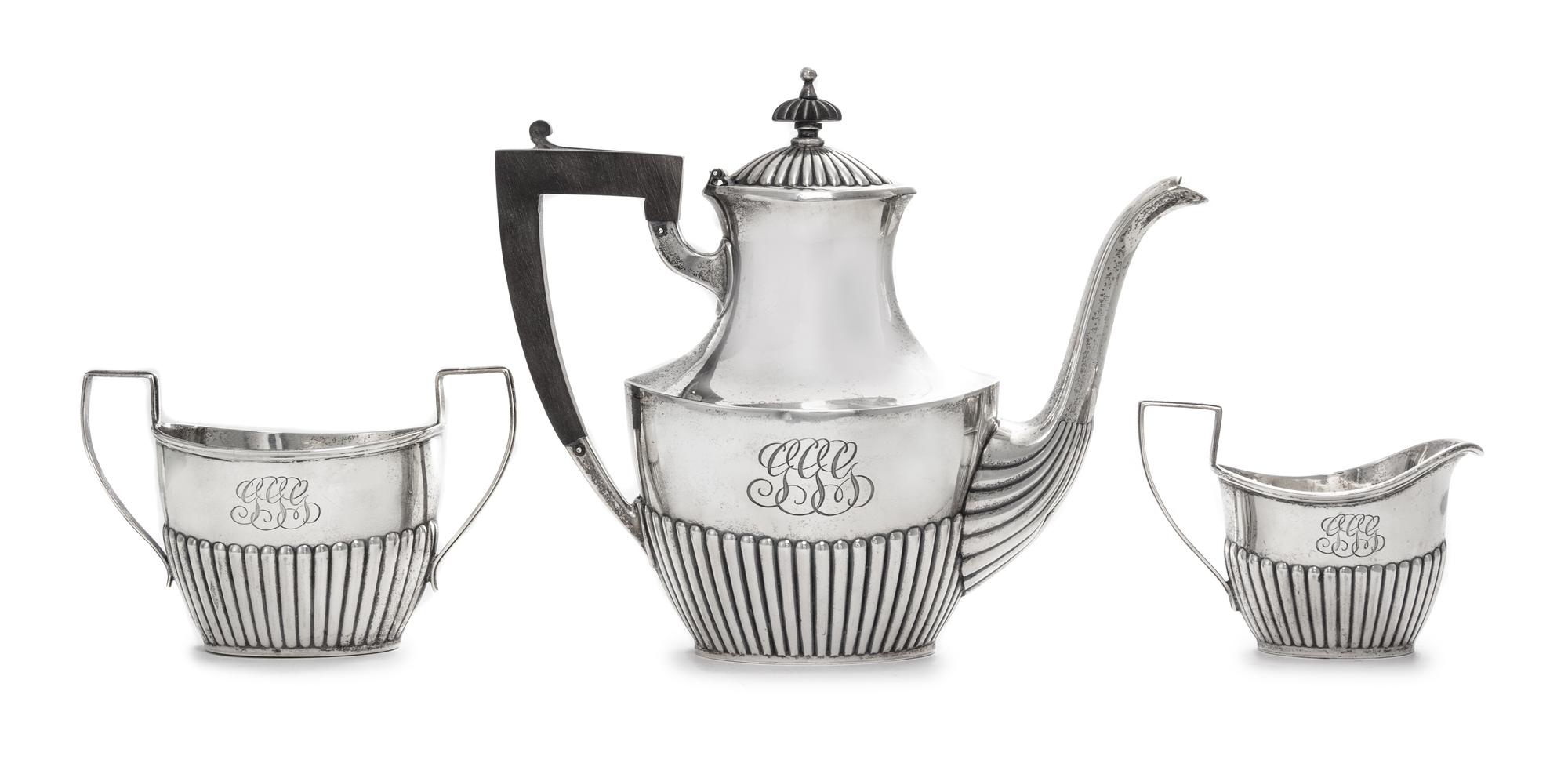 An American Silver Three-Piece Small Coffee Set, Black, Starr & Frost, New York, NY, comprising a coffee pot with an ebony handle and f