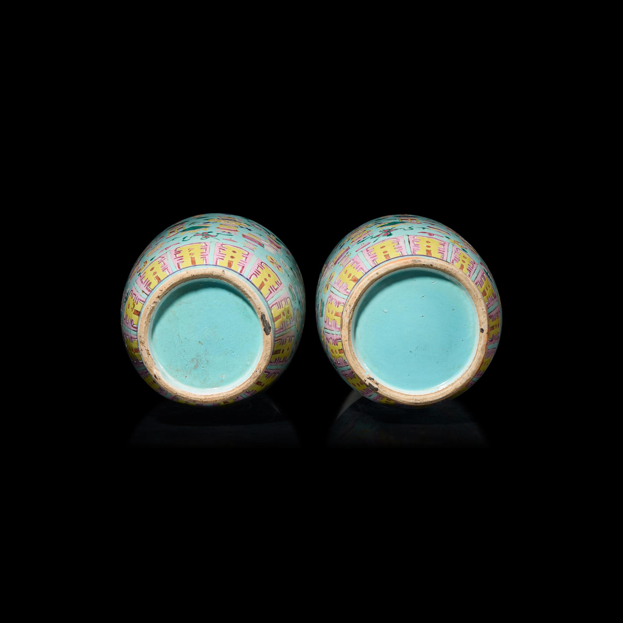 A Pair of Chinese Famille Rose Porcelain 'Bogu' Vases 藍地粉彩博古紋瓶一對