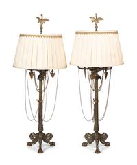 A Pair of French Empire Style Bronze Six-Light Candelabra Mounted as Lamps