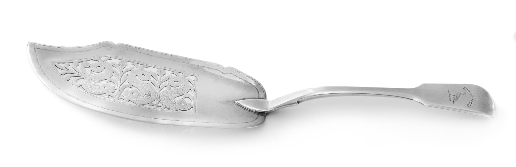 A George III Silver Fish Server, Likely George Natter, London, 1781, the Fiddle handle bearing the engraved motto Dread God, the blade