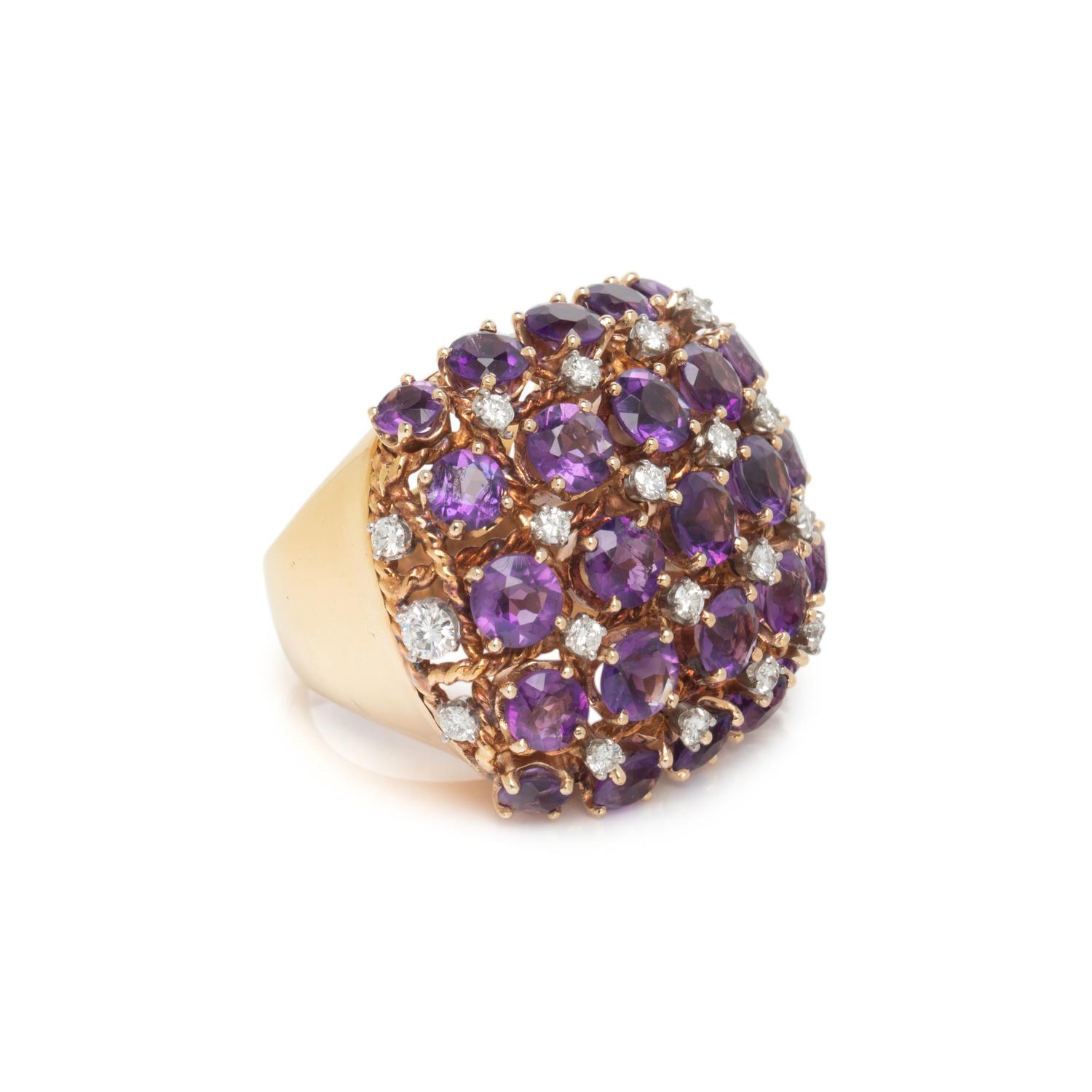 YELLOW GOLD, AMETHYST, AND DIAMOND RING