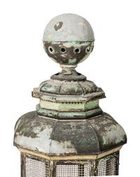 A Pair of Weathered Painted Sheet Metal Lanterns Converted to Bird Cages