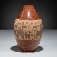 Redware Pottery Jar, with Sgraffito Deer and Parrots