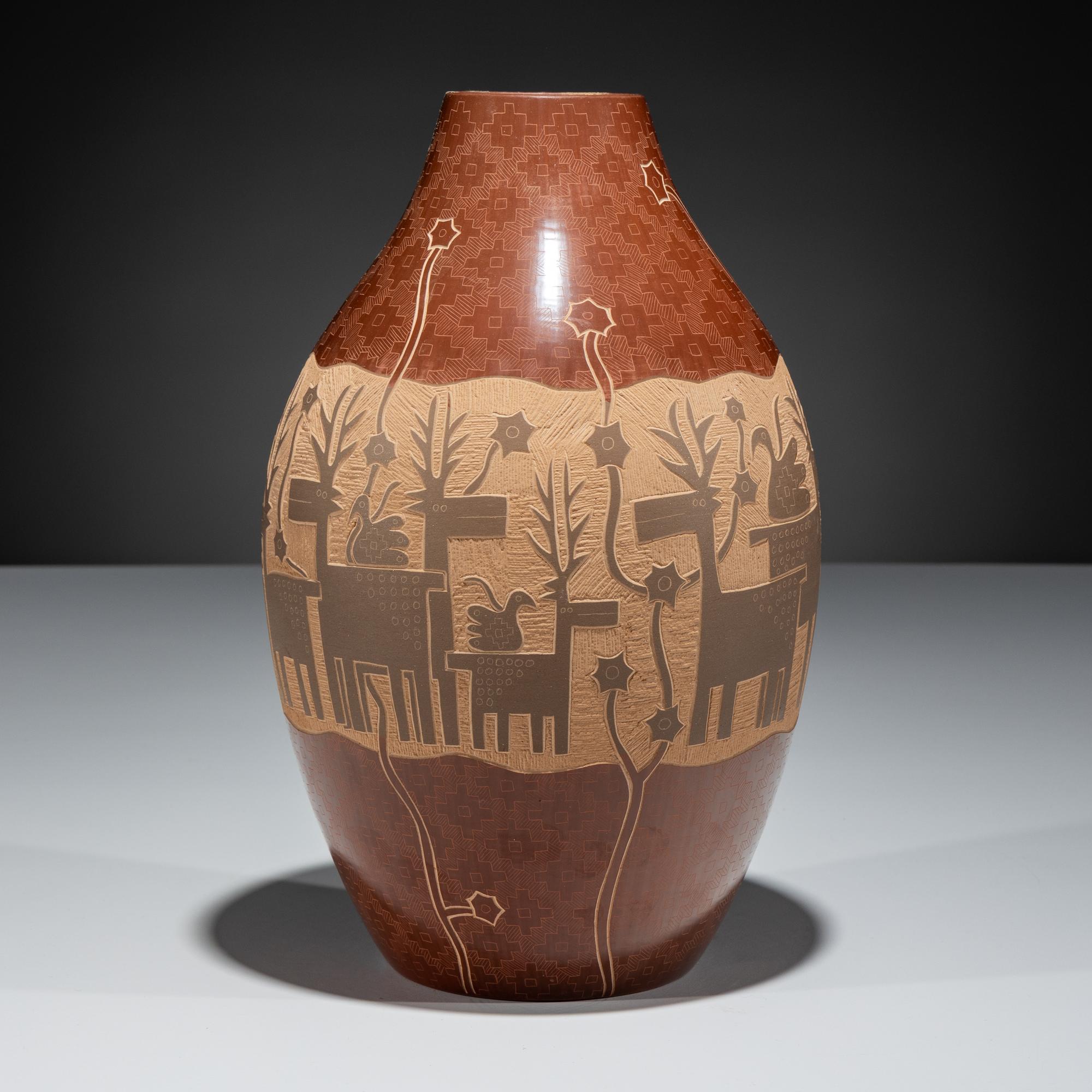 Redware Pottery Jar, with Sgraffito Deer and Parrots