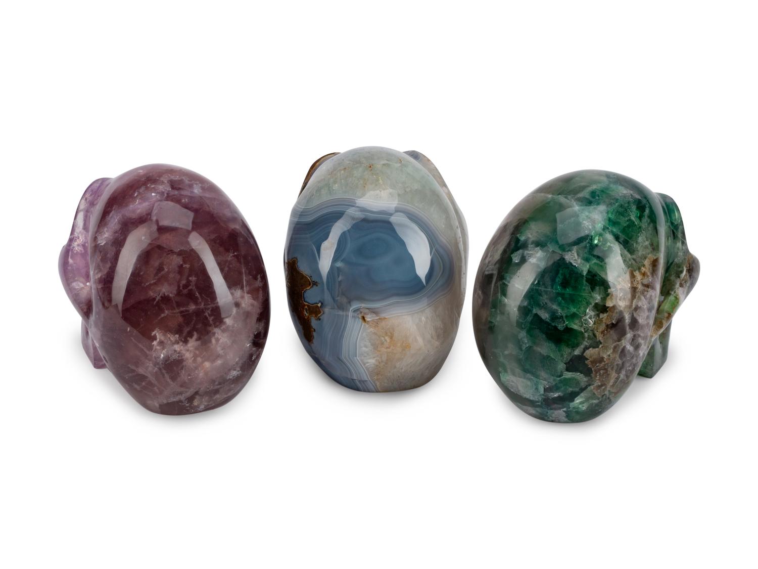Three Carved Semi-Precious Stone Skulls