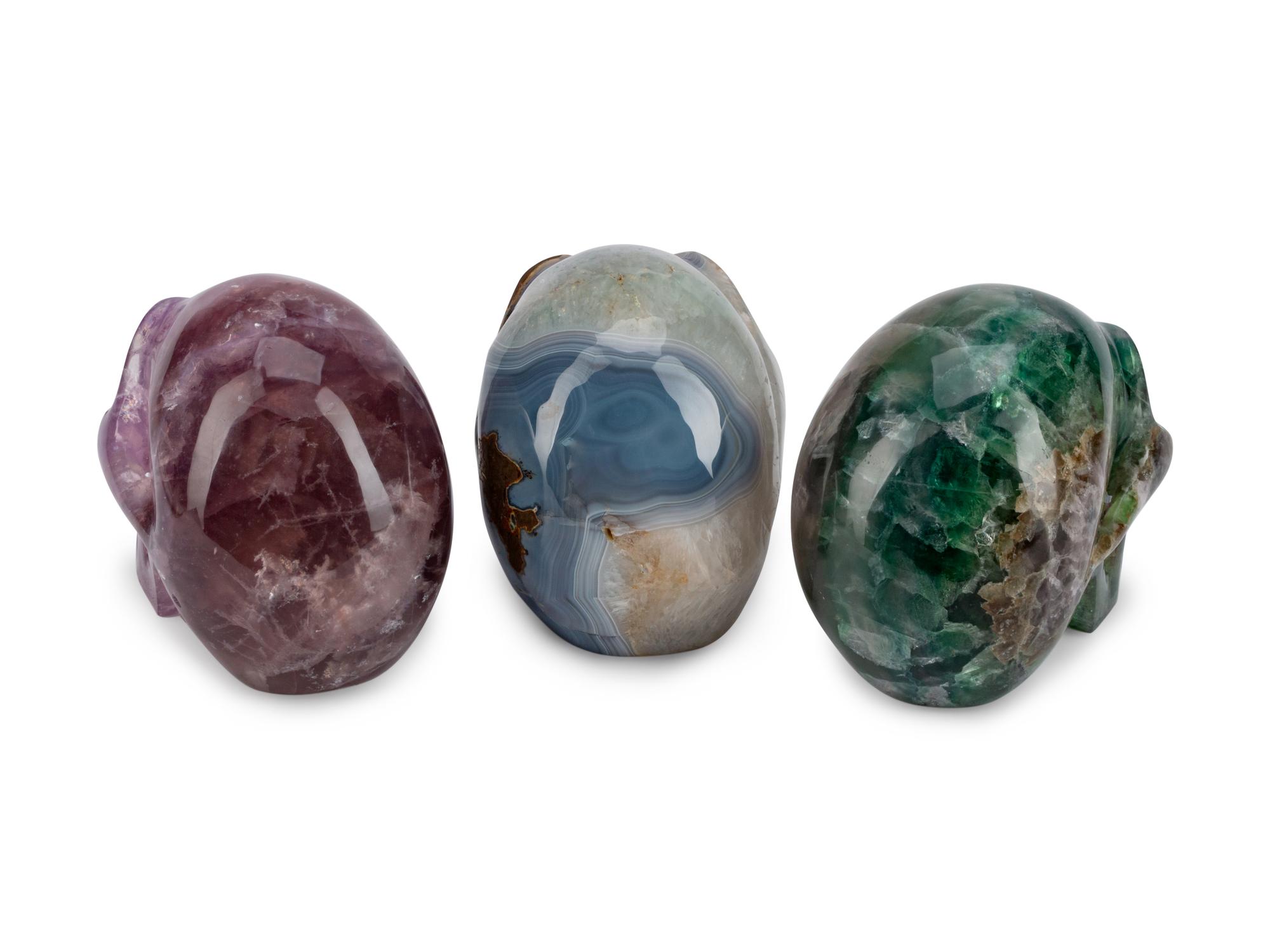 Three Carved Semi-Precious Stone Skulls