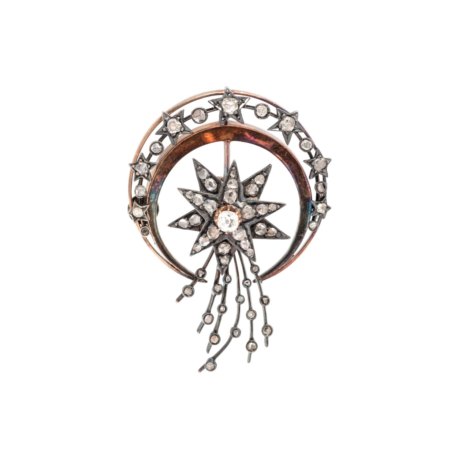 ANTIQUE, STAR AND MOON EN TREMBLANT BROOCH
