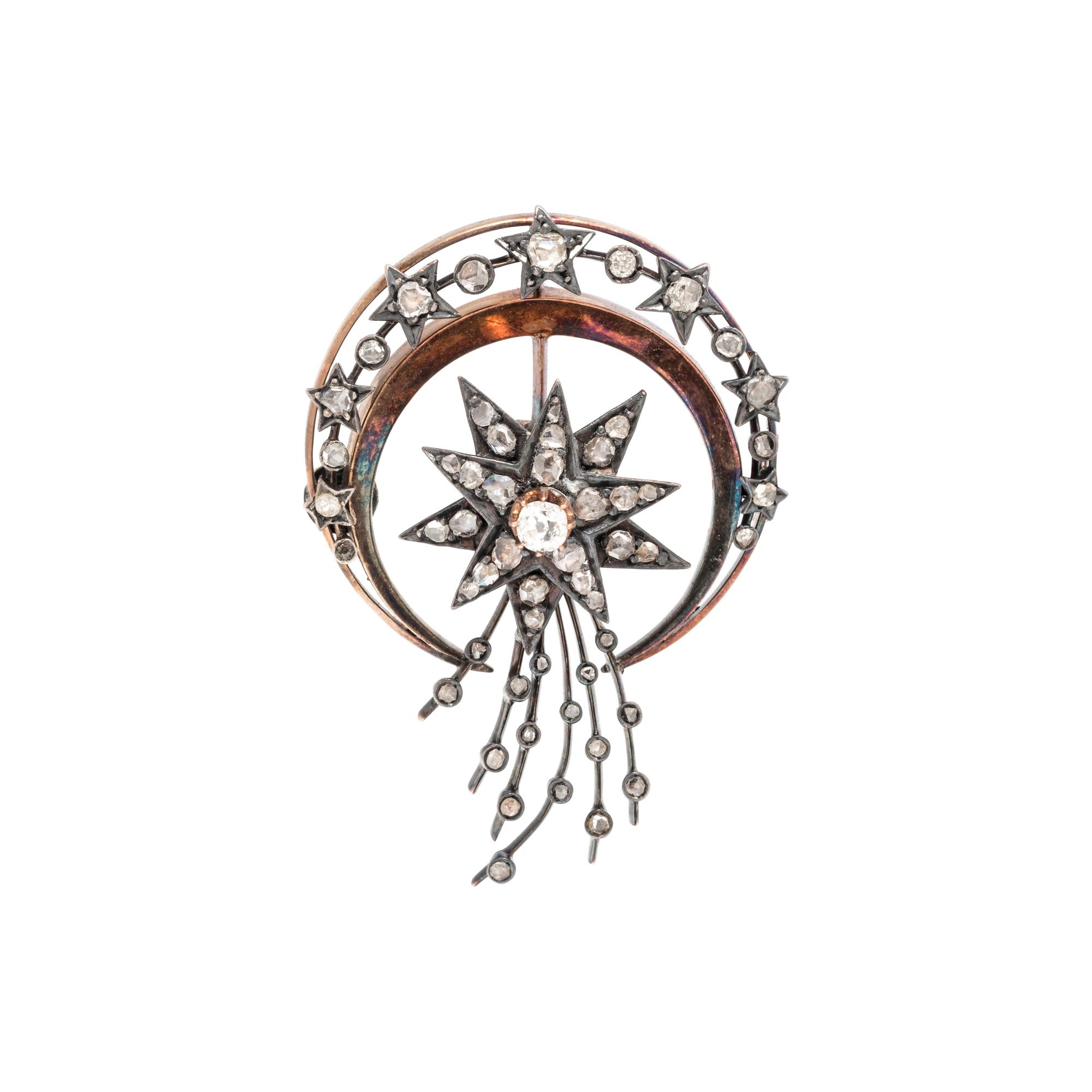 ANTIQUE, STAR AND MOON EN TREMBLANT BROOCH