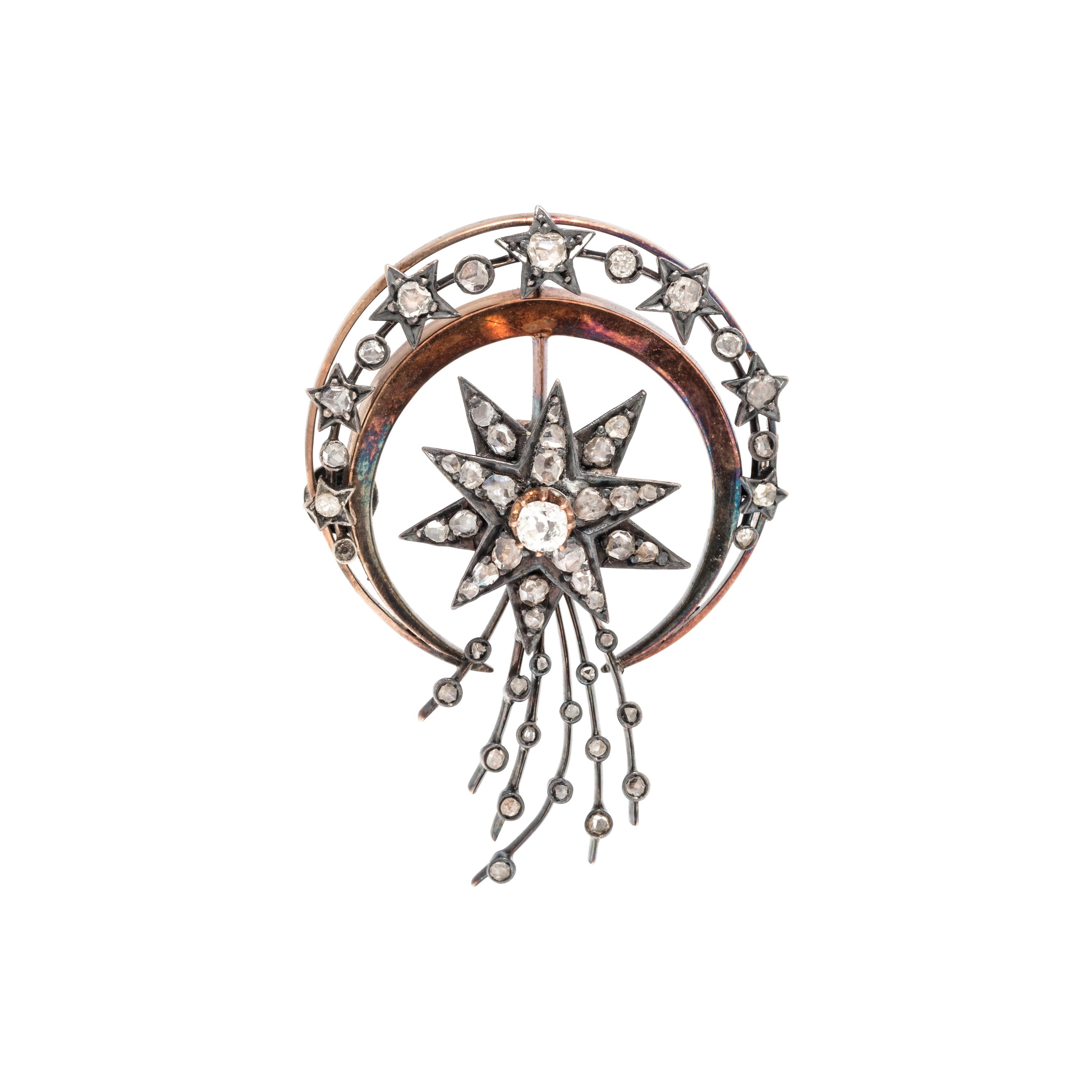 ANTIQUE, STAR AND MOON EN TREMBLANT BROOCH