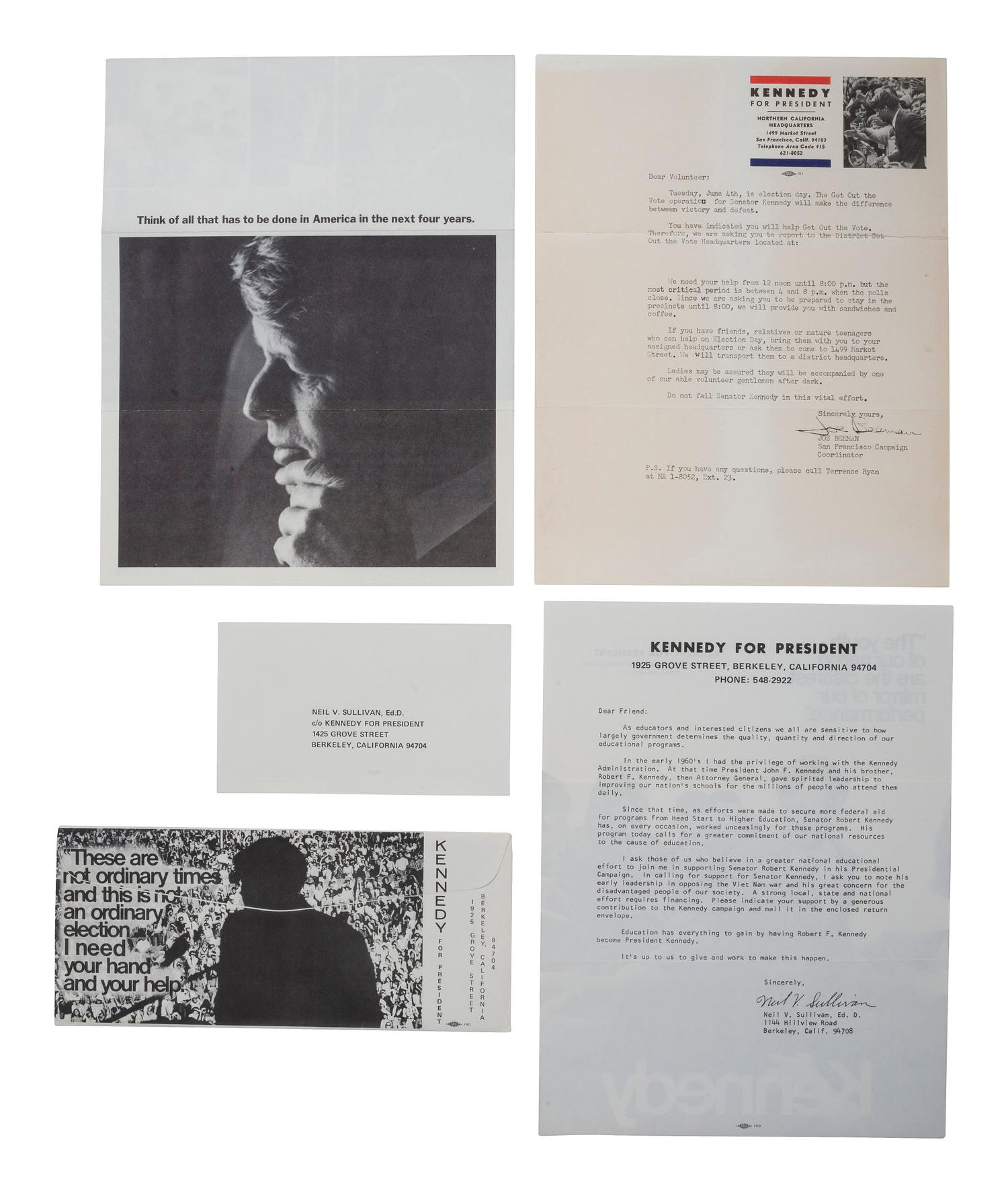 [KENNEDY, Robert F. (1925-1968)]. Promotional packet for Robert F. Kennedy's presidential campaign, incl. letter with reference to Martin Luther King, Jr., issued one week before Kennedy's assassination. Postmarked 31 May 1968.