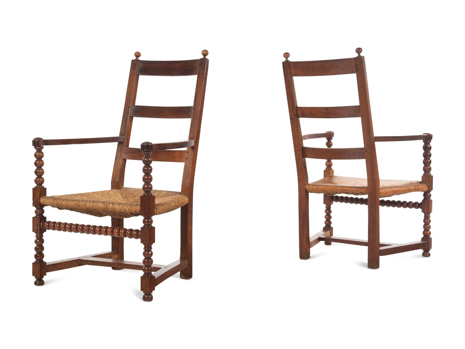 A Pair of Turned Walnut Rush-Seat Armchairs