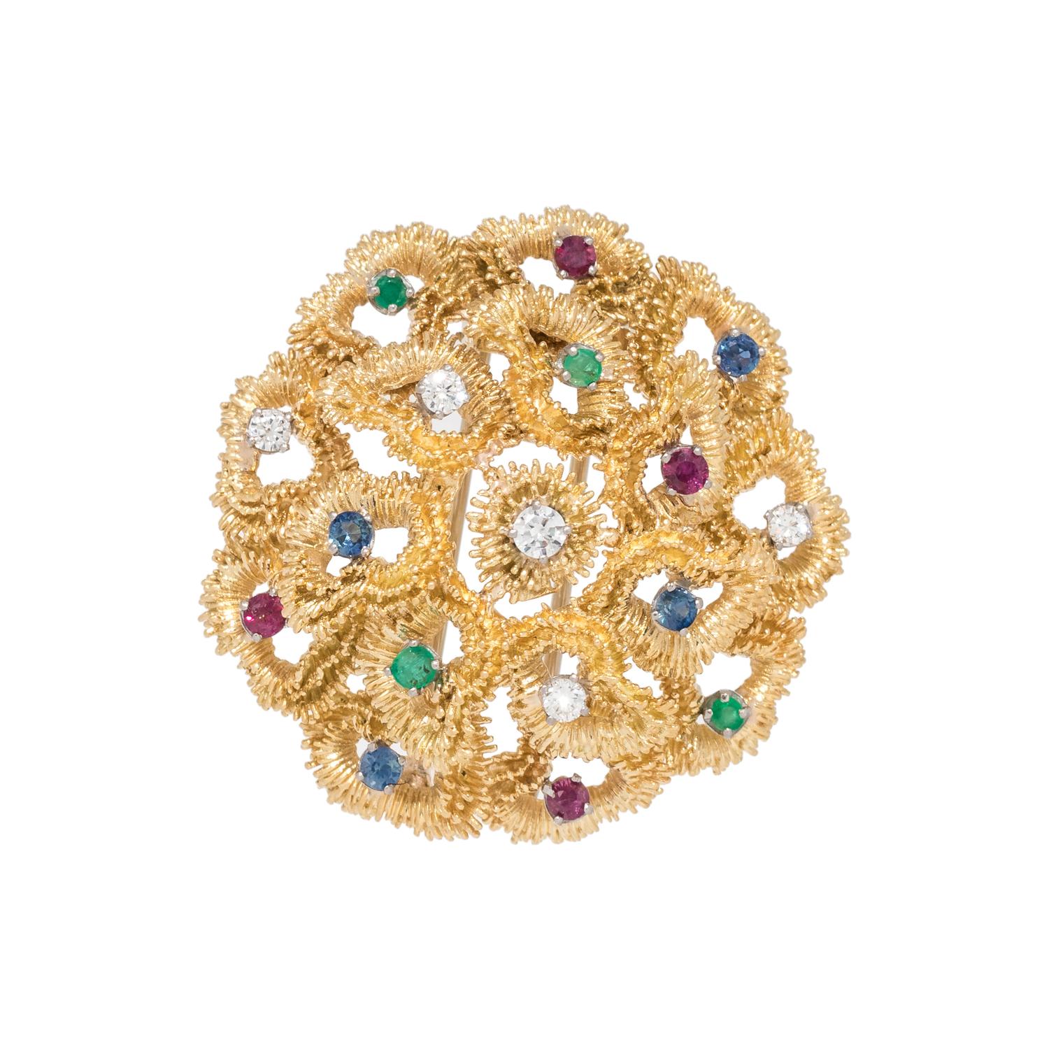 YELLOW GOLD, DIAMOND AND MULTIGEM BROOCH