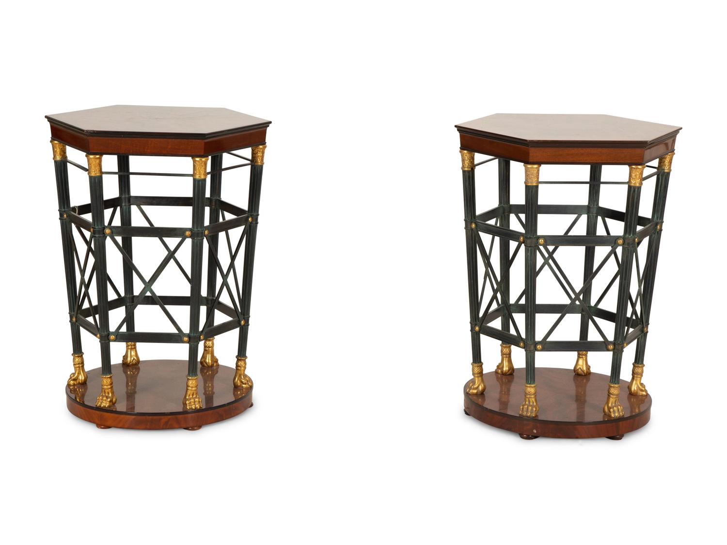 A Pair of Regency Style Mahogany and Ebonized Hexagonal Side Tables — 20th Century