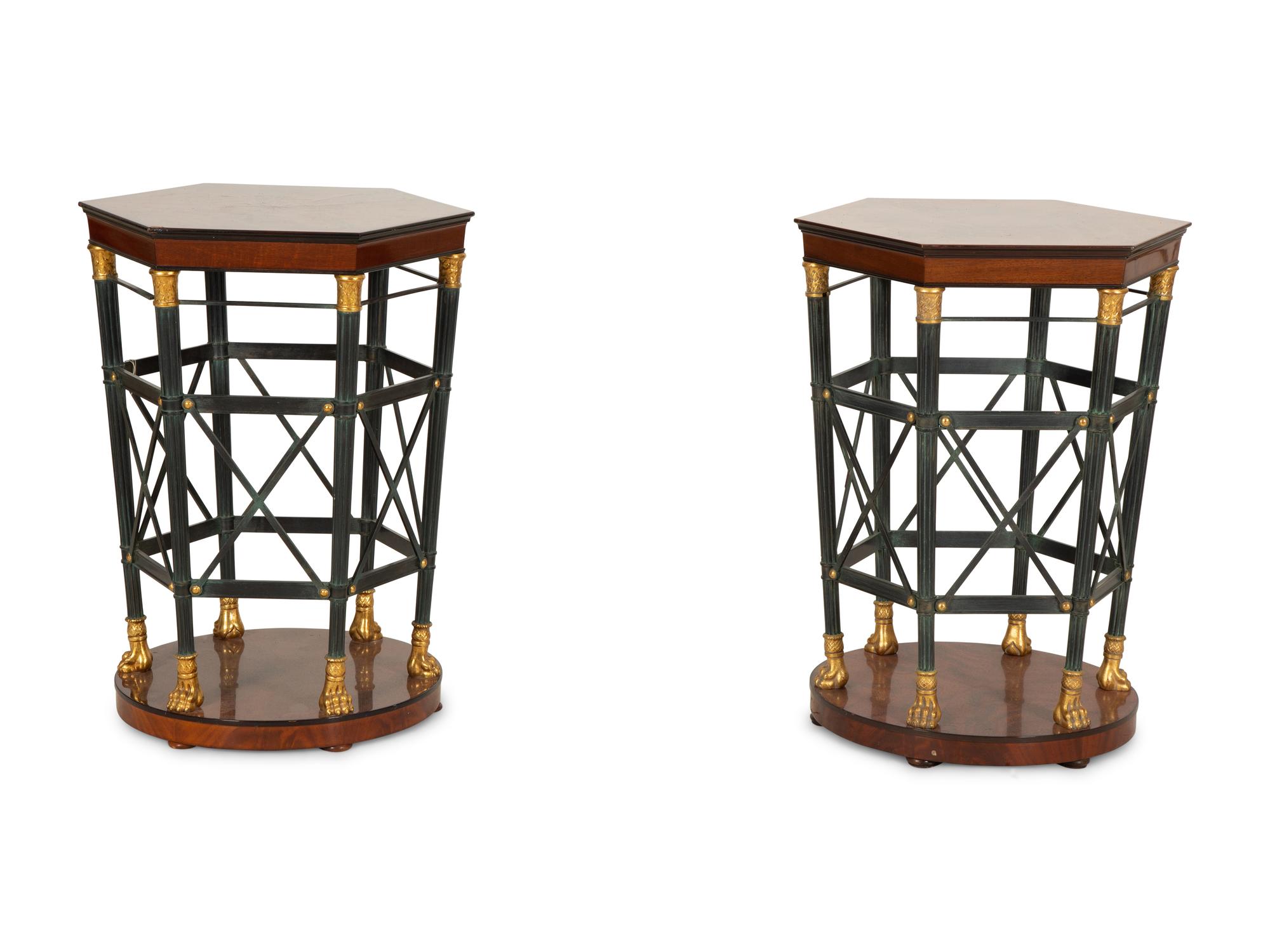 A Pair of Regency Style Mahogany and Ebonized Hexagonal Side Tables — 20th Century