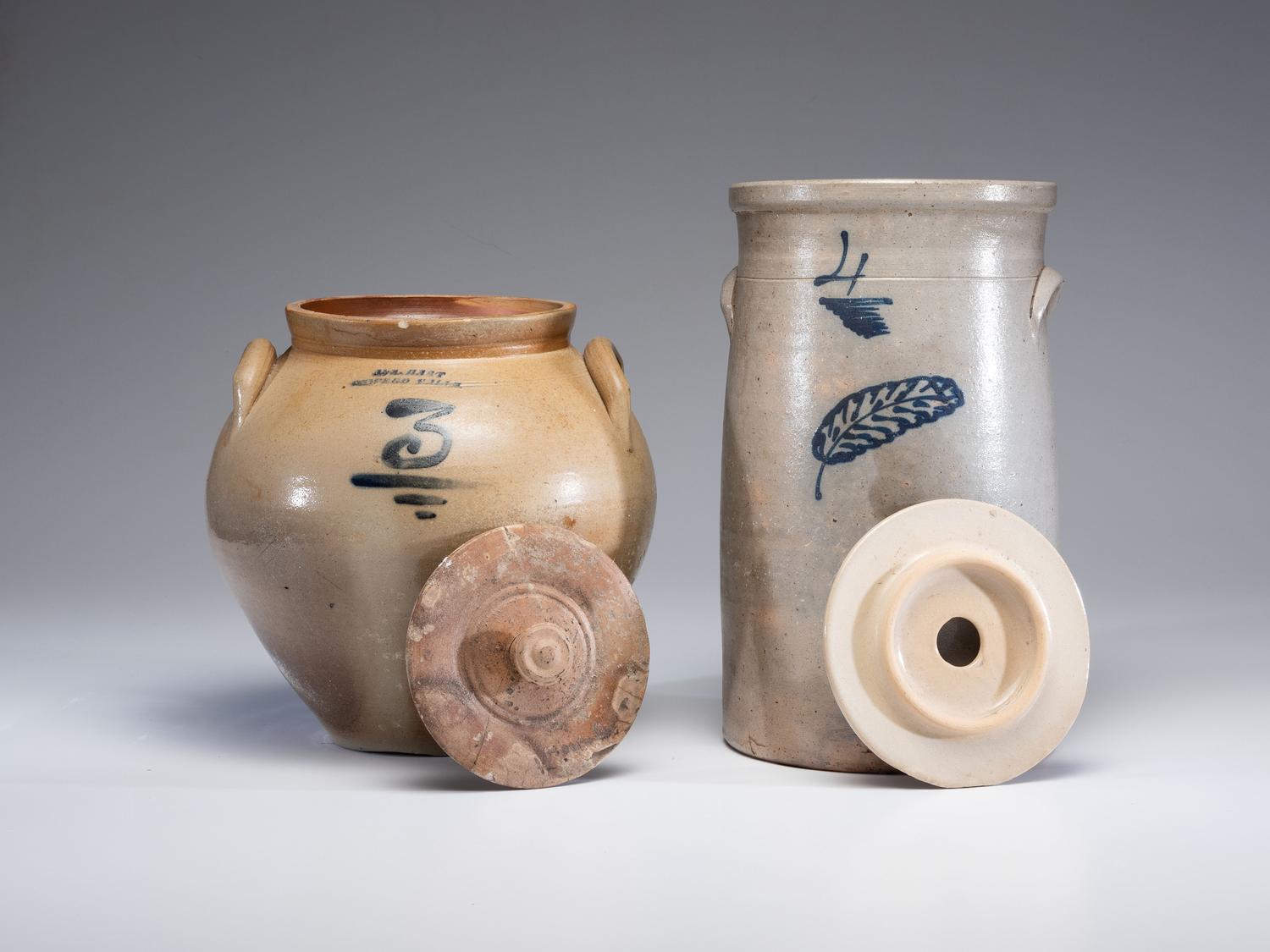 Two Cobalt Decorated Stoneware Vessels