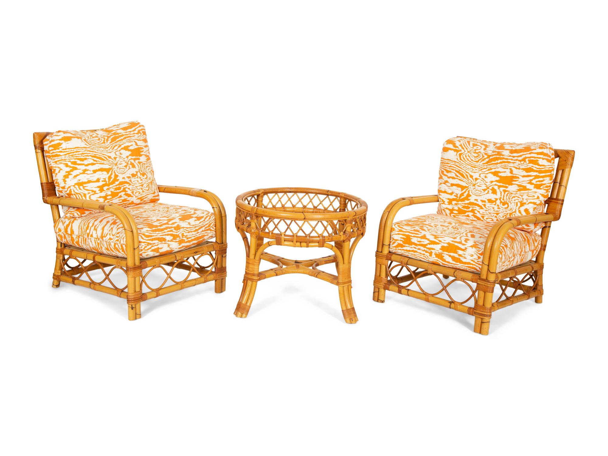 A Pair of Bielecky Brothers Rattan Armchairs and a Side Table