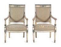 A Pair of Directoire White and Blue Painted Fauteuils