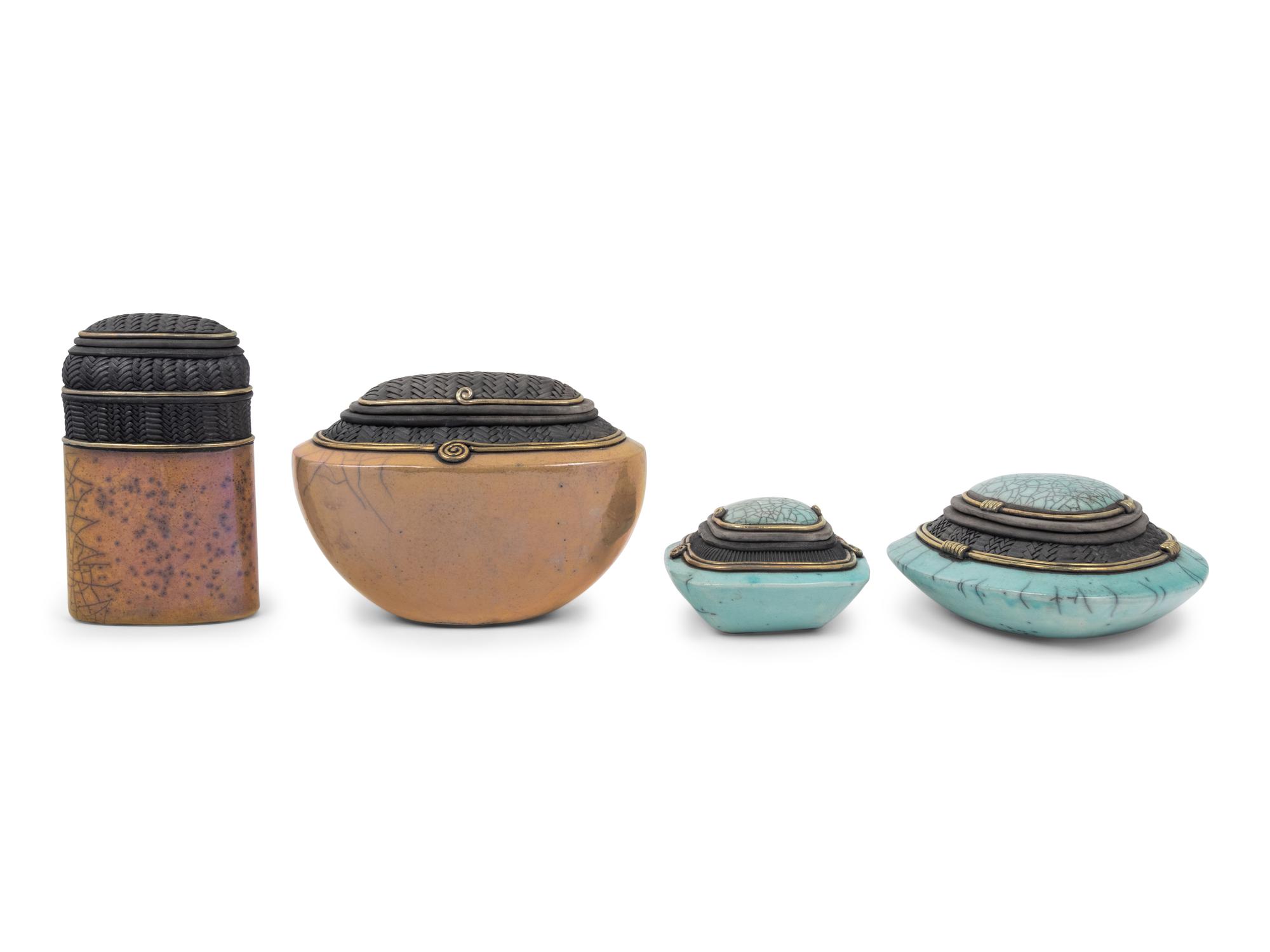 Four Studio Ceramic Glazed and Parcel Gilt Lidded Bowls