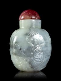 A Carved Grey and White Jade Snuff Bottle