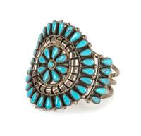Southwestern Silver and Turquoise Cluster Bracelet Length 6 1/4 x opening 1 1/8 x width 2 5/8 inches