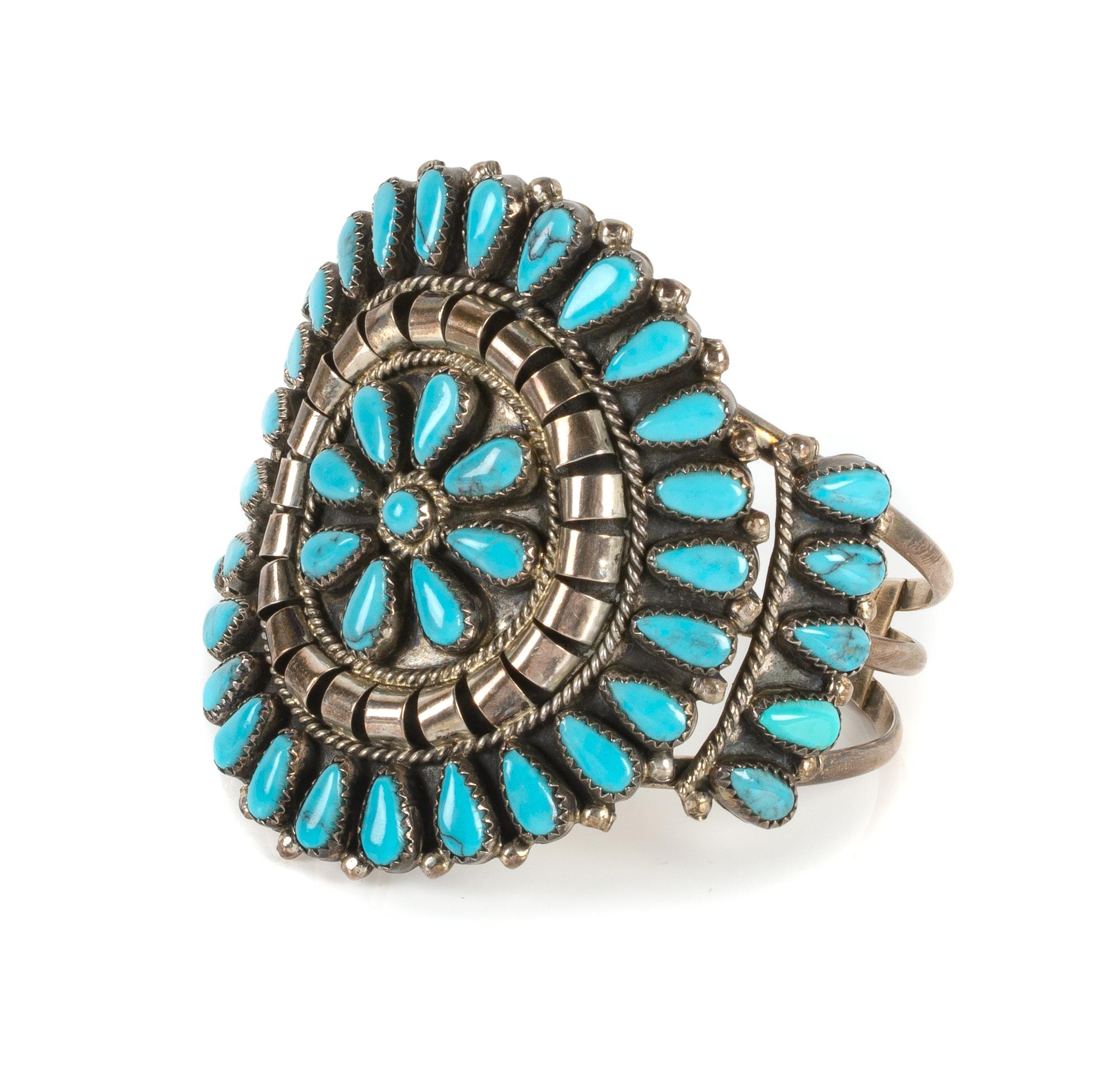 Southwestern Silver and Turquoise Cluster Bracelet Length 6 1/4 x opening 1 1/8 x width 2 5/8 inches