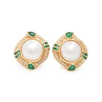 Mabé Pearl, Emerald, Diamond, and Yellow Gold Earrings