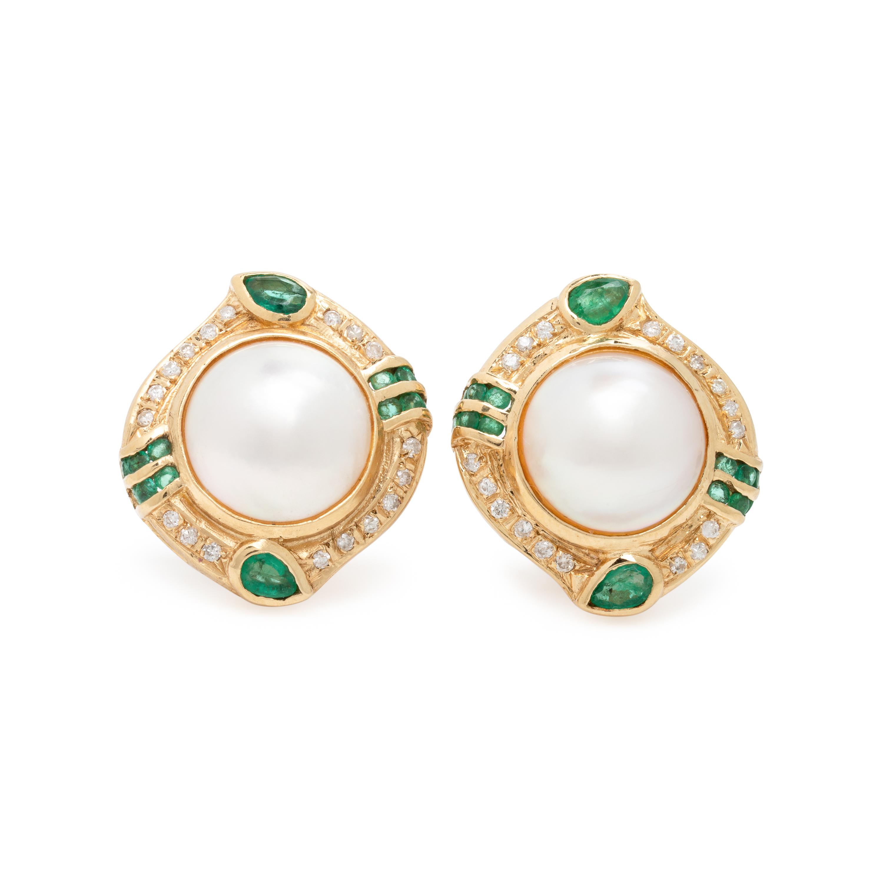 Mabé Pearl, Emerald, Diamond, and Yellow Gold Earrings