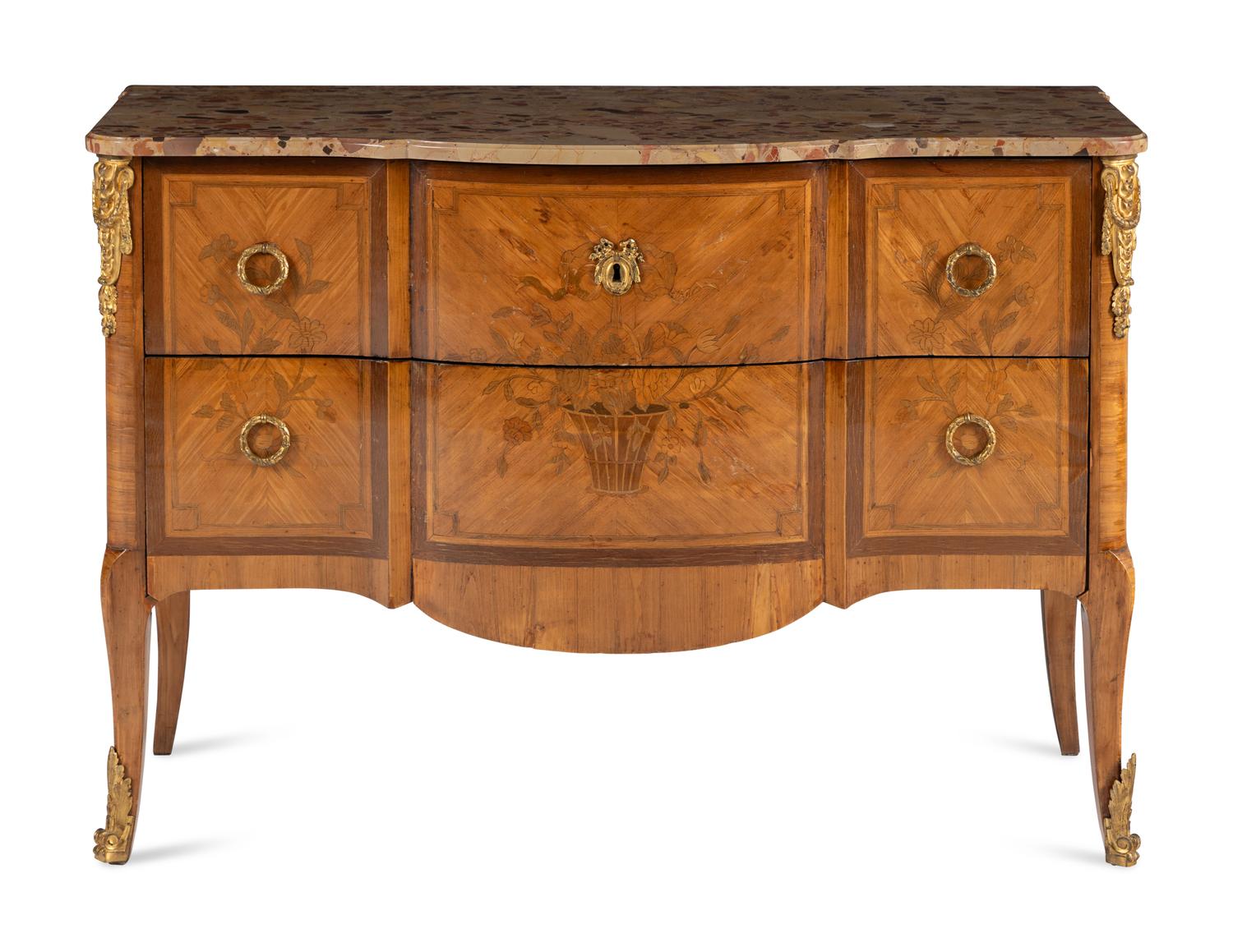 A Louis XV/XVI Transitional Style Marquetry Marble-Top Commode