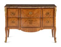 A Louis XV/XVI Transitional Style Marquetry Marble-Top Commode