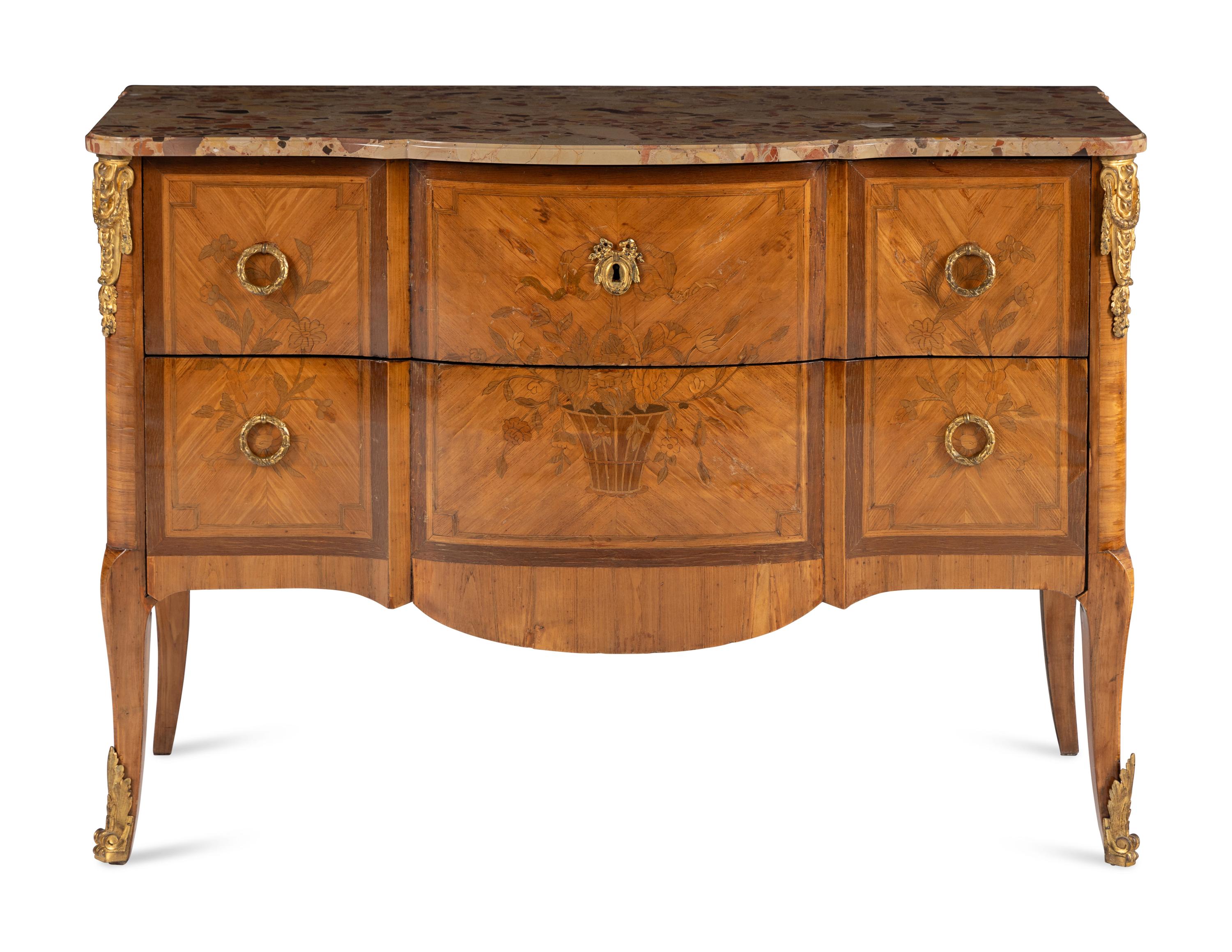 A Louis XV/XVI Transitional Style Marquetry Marble-Top Commode