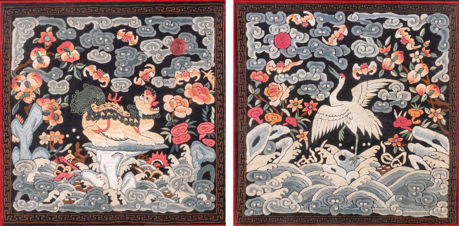 A Pair of Chinese Embroidered Silk Rank Badges