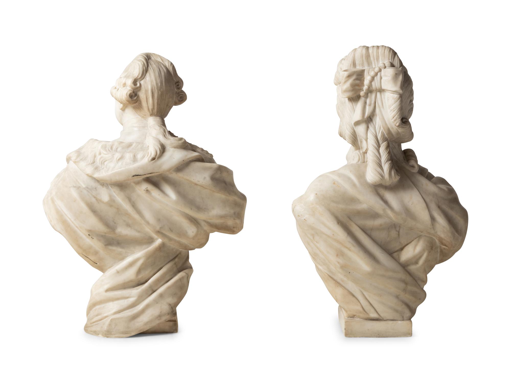 A Pair of French Carved Marble Busts of Louis XVI and Marie Antoinette