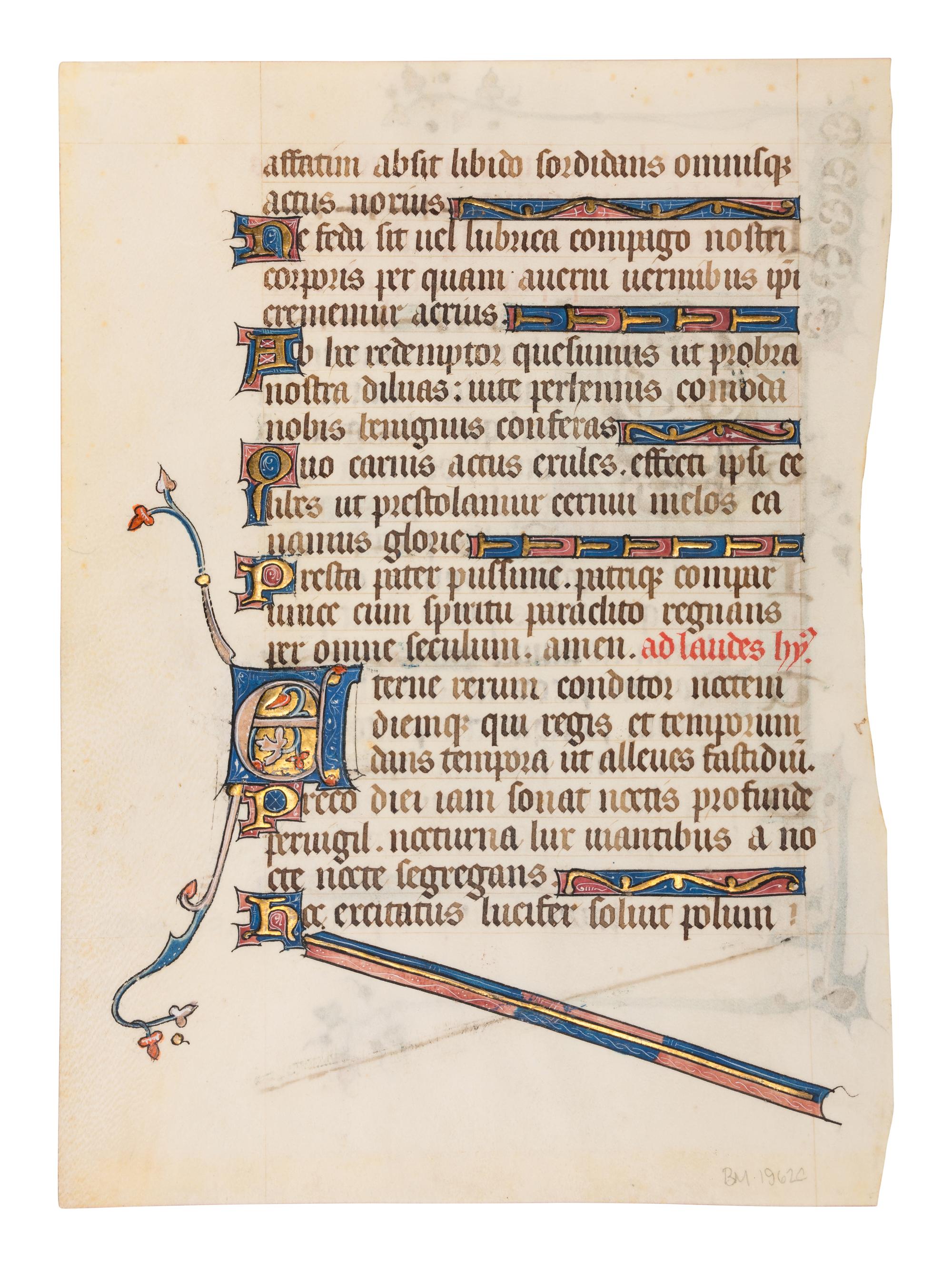 FOLLOWER OF MASTER HONORÉ (active Paris, c. 1285-1315) A leaf from a Psalter-Hymnal, with an inhabited initial ‘P’, in Latin, illuminated manuscript on parchment [France, Paris, c. 1315-1325]