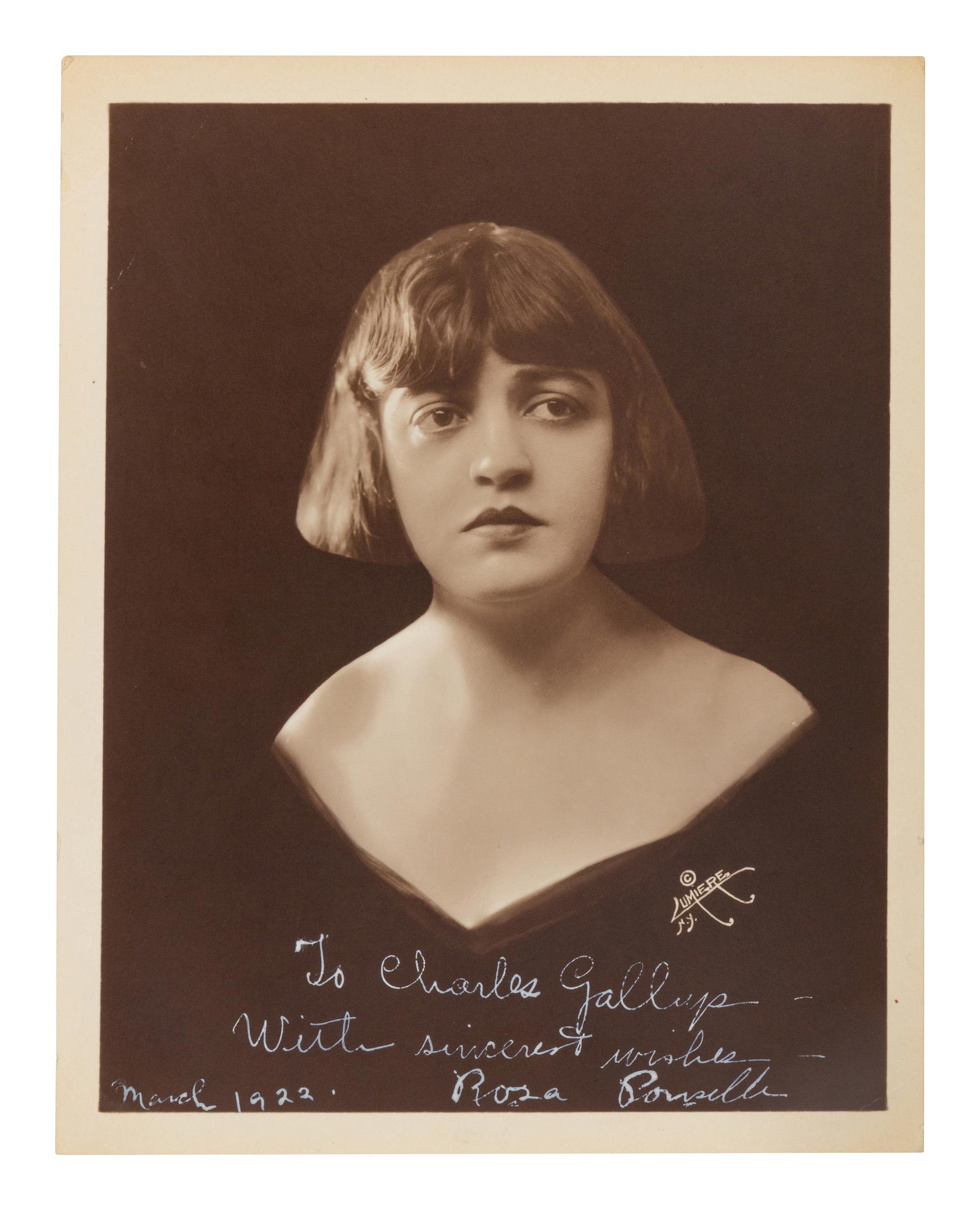 PONSELLE, Rosa (1897-1981). Black and white photographic portrait signed (“Rosa Ponselle”) and additionally inscribed to Charles Gallup, March 1922.