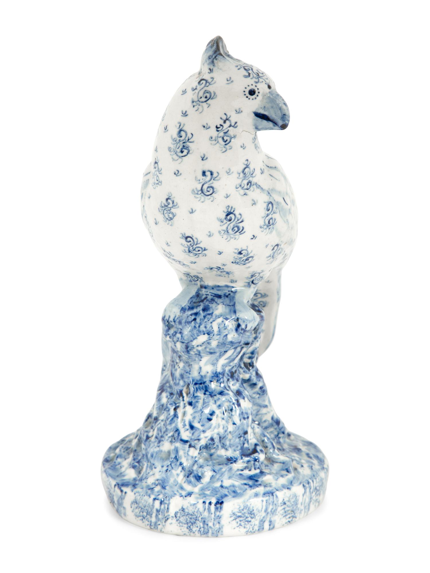 A Blue and White Spongeware Model of a Parrot