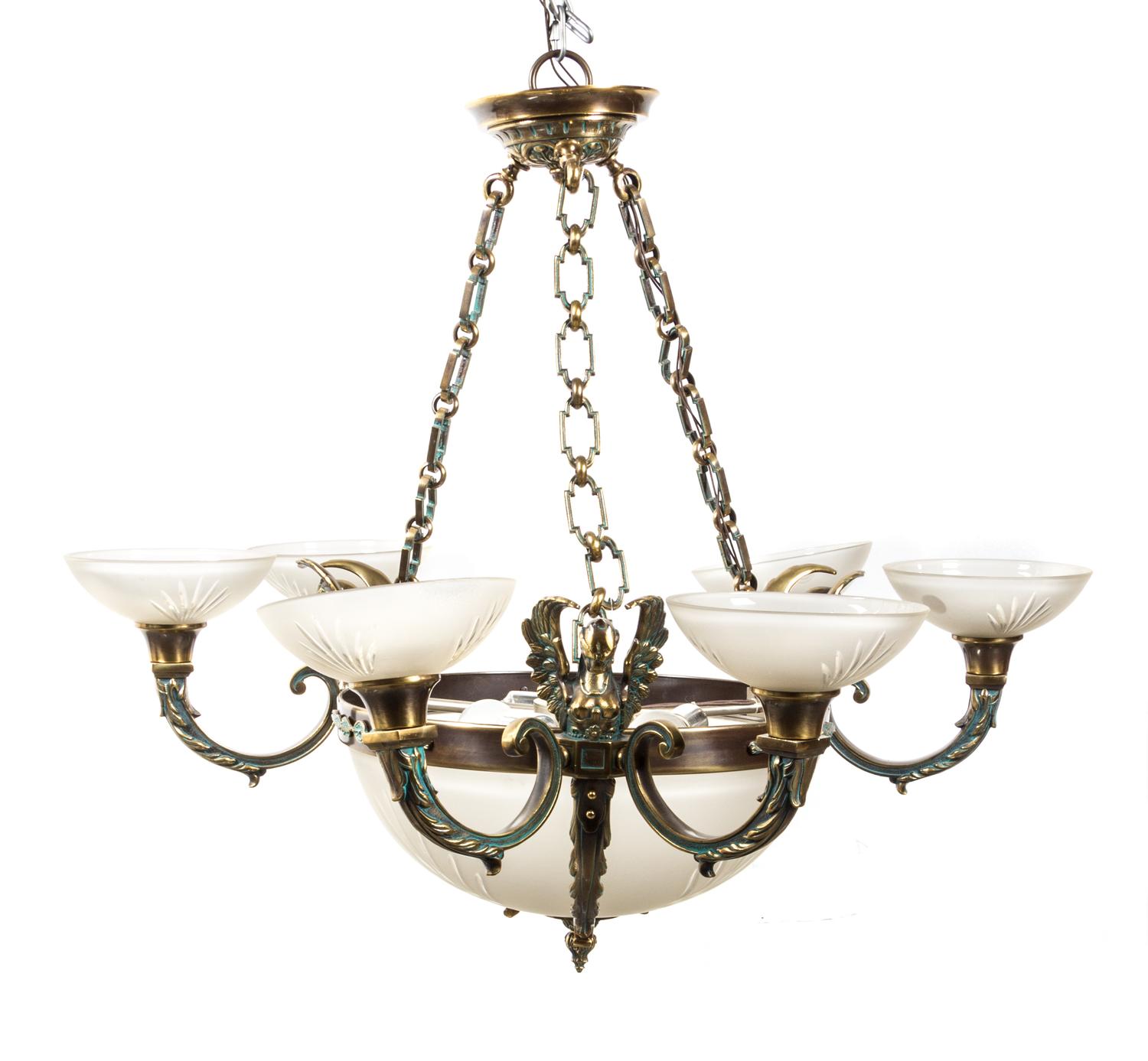 A Neoclassical Brass and Glass Six-Light Chandelier Diameter 38 1/2 inches. — 20TH CENTURY