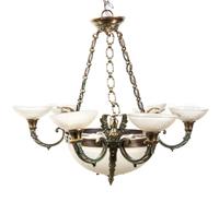 A Neoclassical Brass and Glass Six-Light Chandelier Diameter 38 1/2 inches. — 20TH CENTURY