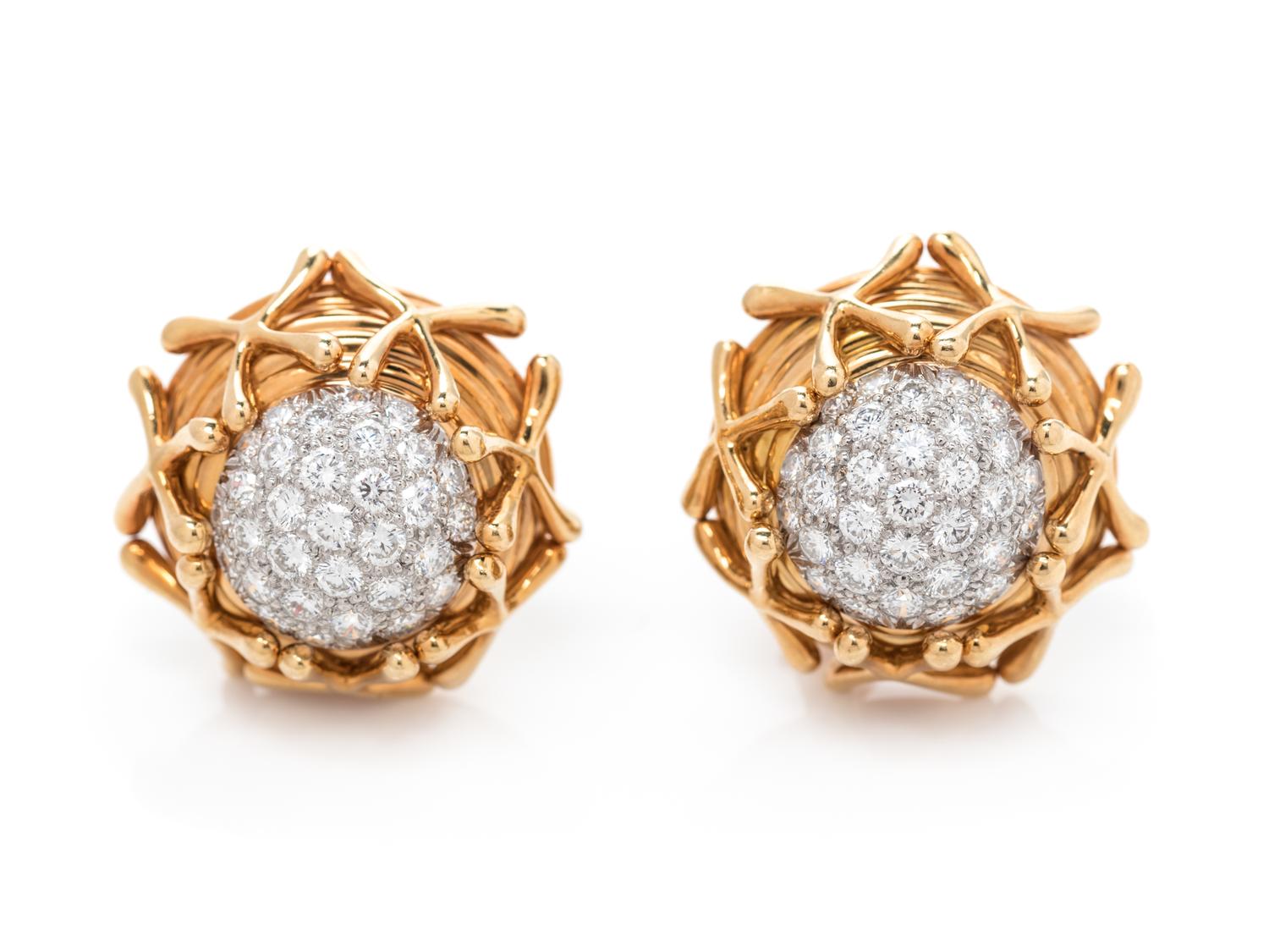 A Pair of 18 Karat Yellow Gold, Platinum and Diamond Earclips, Schlumberger for Tiffany & Co.,