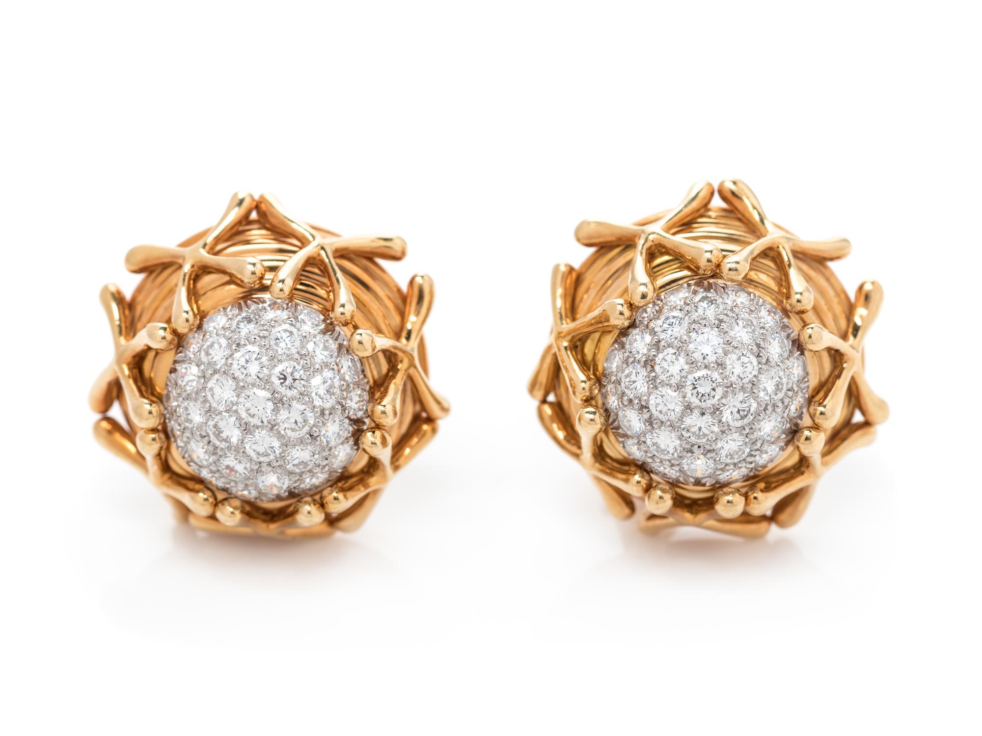 A Pair of 18 Karat Yellow Gold, Platinum and Diamond Earclips, Schlumberger for Tiffany & Co.,