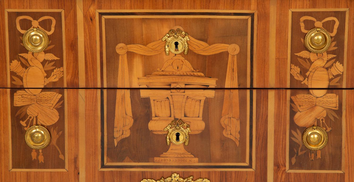 A Louis XV Gilt Bronze Mounted Marquetry Marble Top Commode