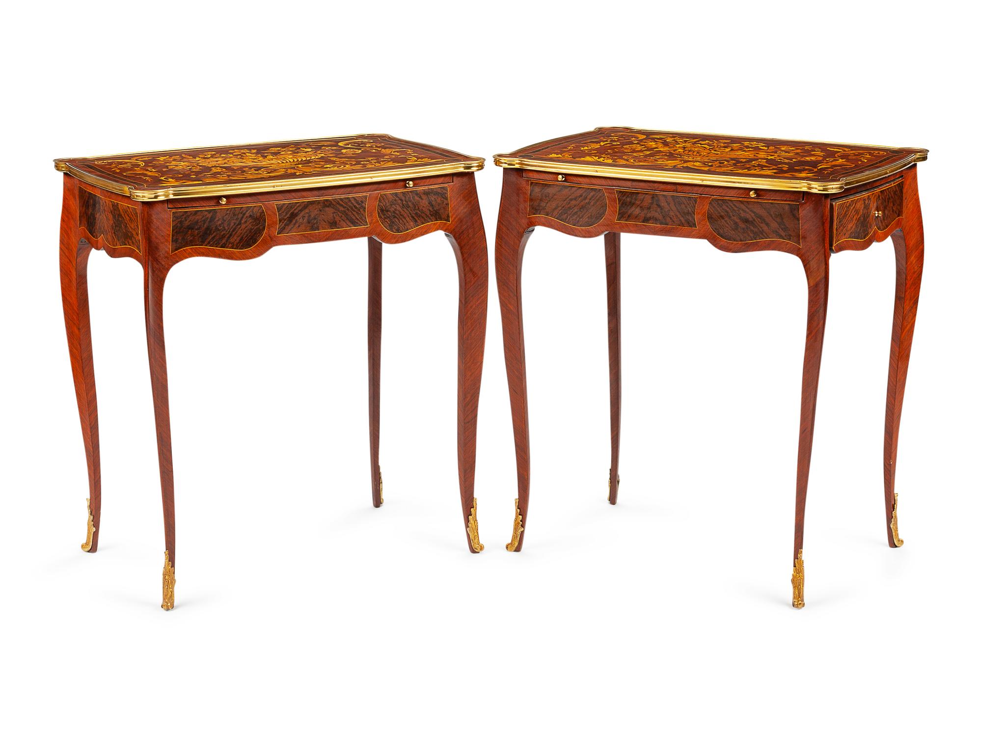 A Pair of Louis XVI Style Gilt Metal Mounted Marquetry Tables