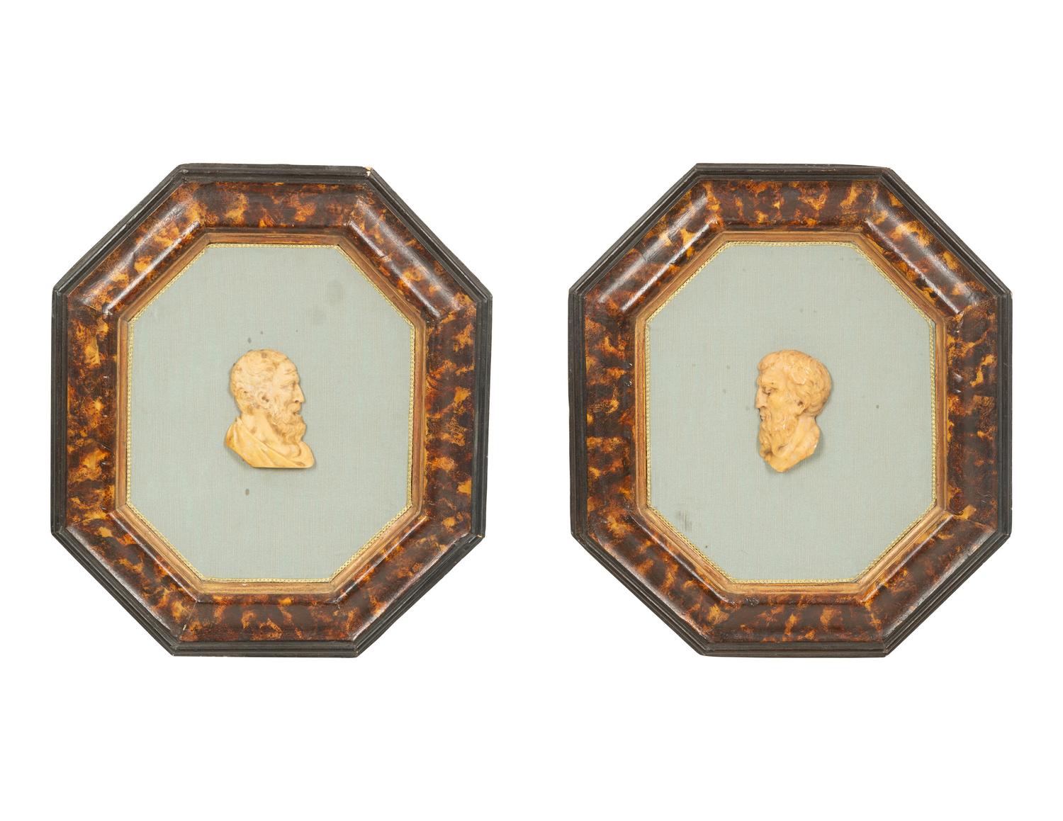 A Pair of Continental Faux Tortoiseshell Painted Framed Composition Plaques of Profile Busts