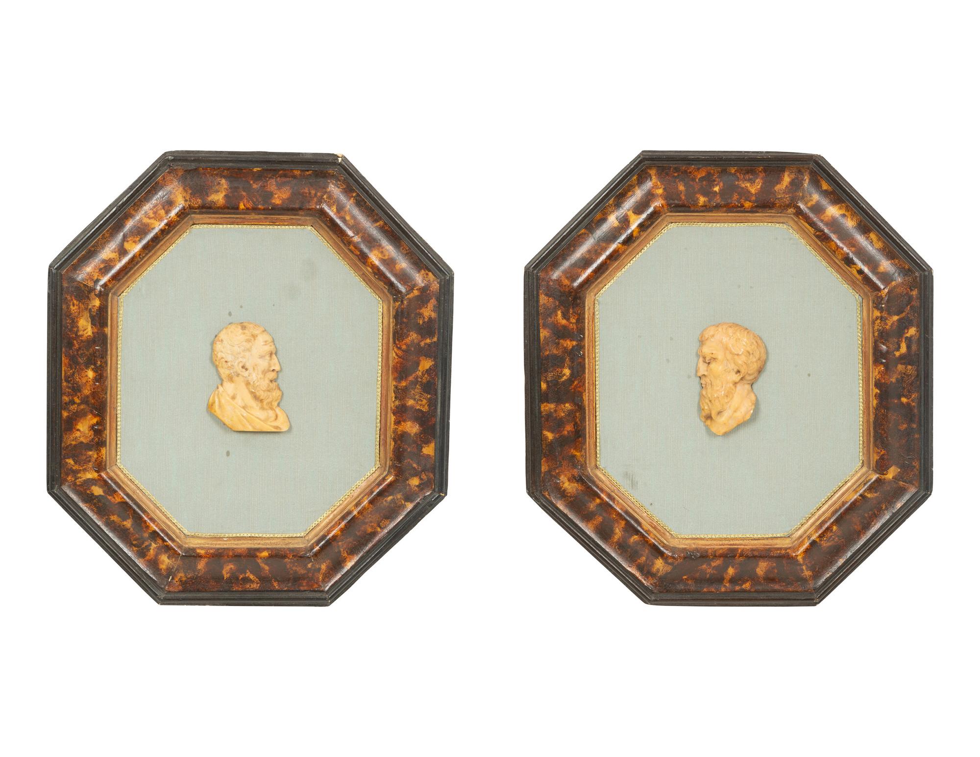 A Pair of Continental Faux Tortoiseshell Painted Framed Composition Plaques of Profile Busts