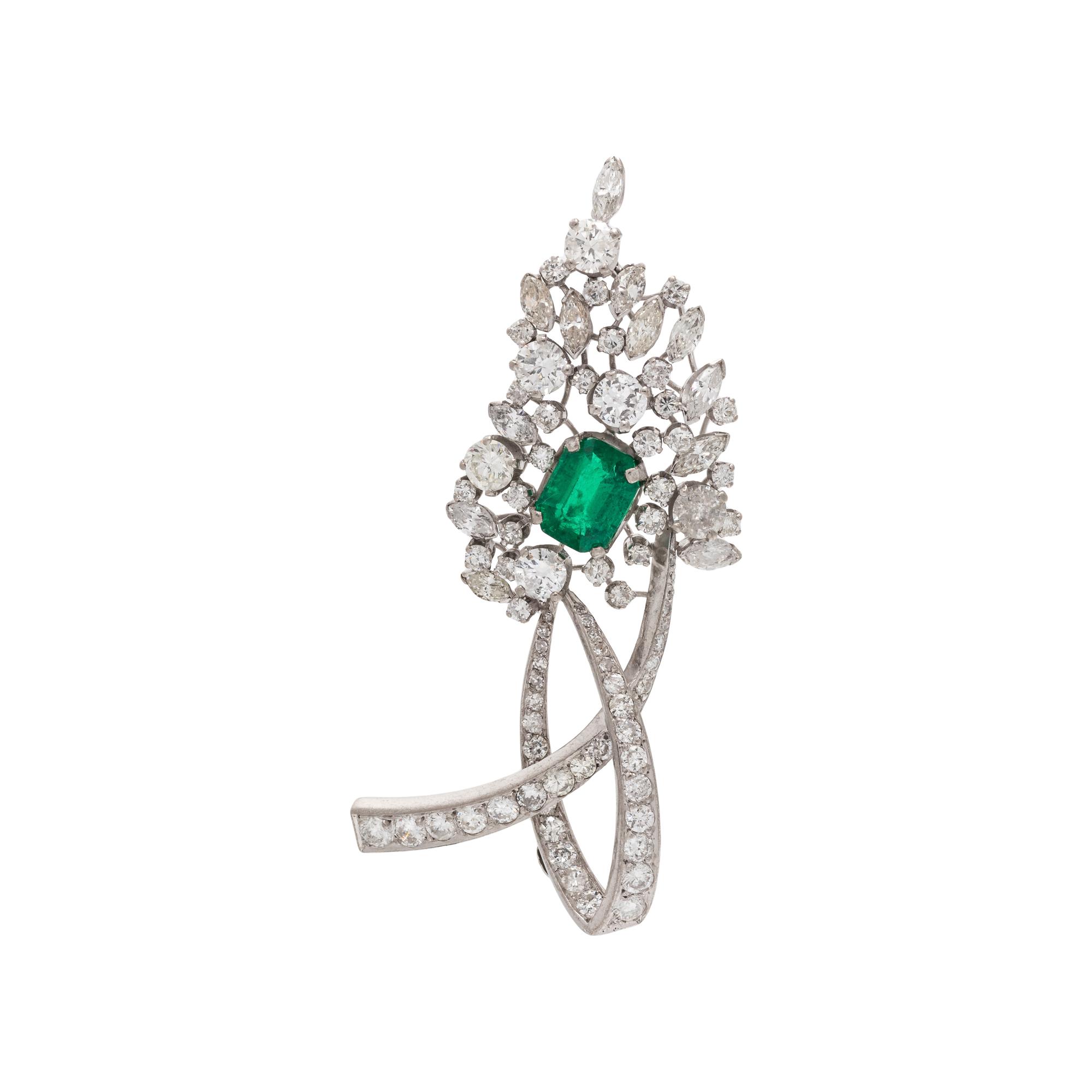 EMERALD AND DIAMOND BROOCH