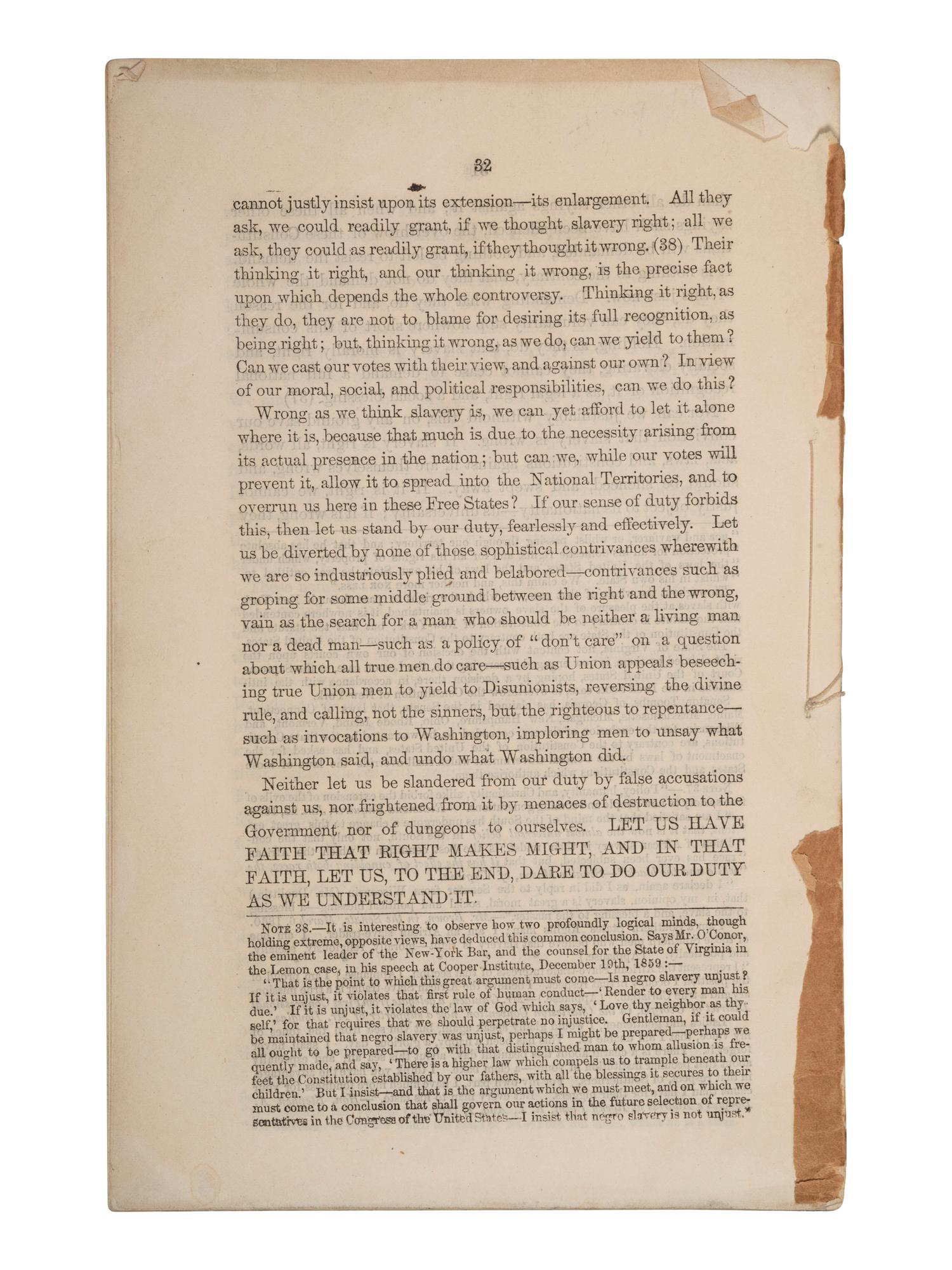 [LINCOLN, Abraham (1809-1865)"The Cooper Union Speech"]. New York: George F. Nesbitt & Co., 1860.