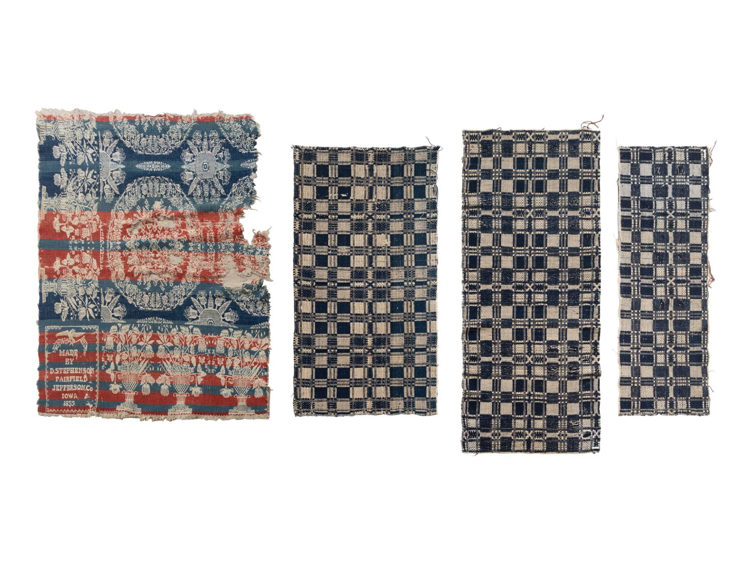 Four Jacquard Cotton and Wool Coverlet Fragments